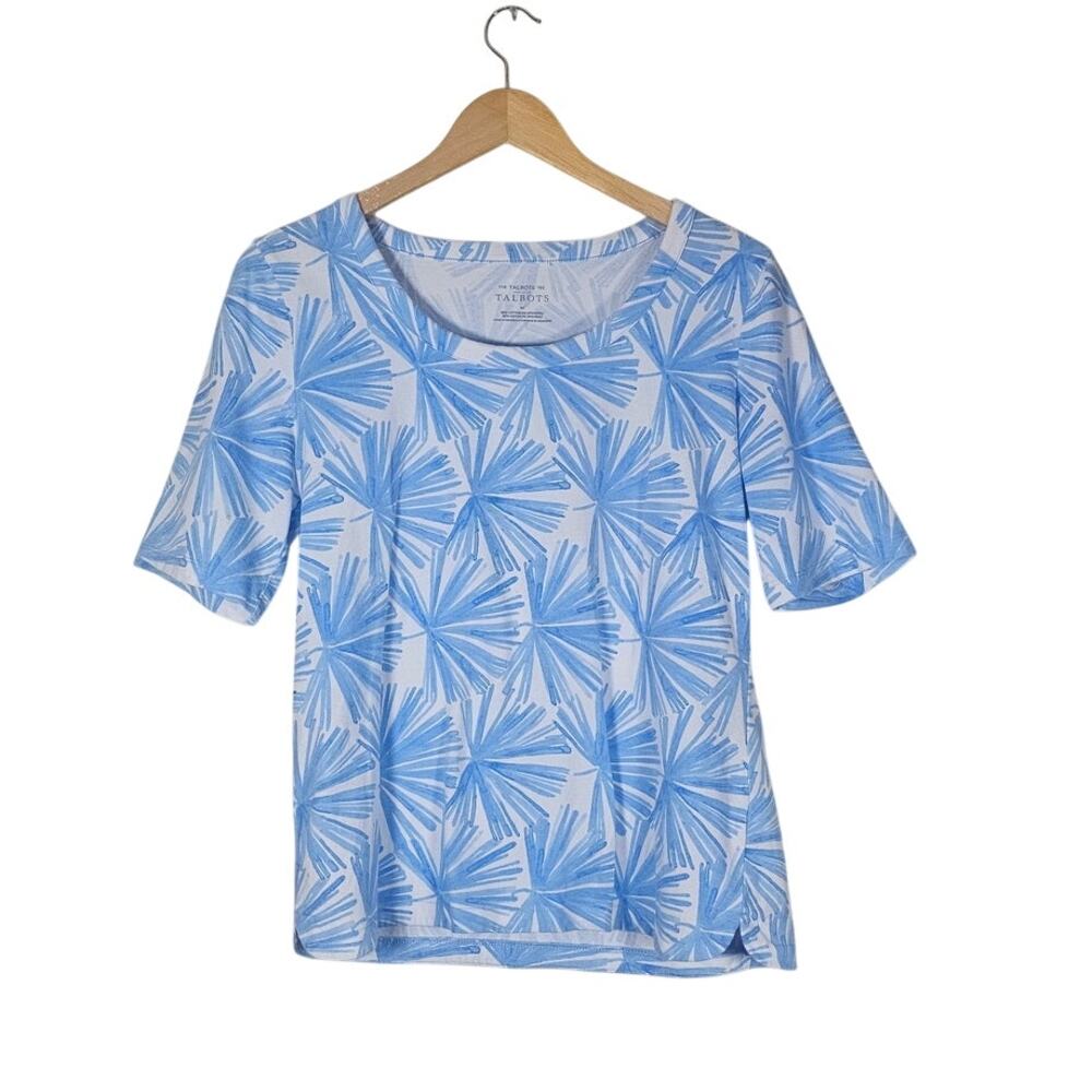 Talbots Blue White Palm Leaf Print Tee M Coastal Grandma Tropical Scoop Neck